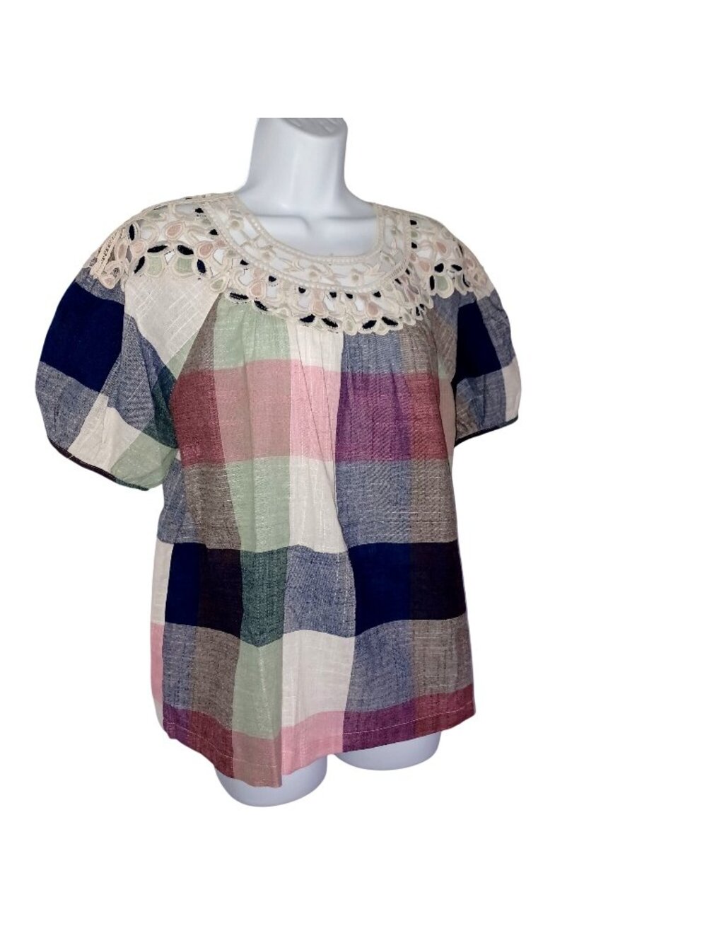 Patchwork Blouse Top Plaid Boho Cottage Core Crochet Peasant Cotton Women's Med